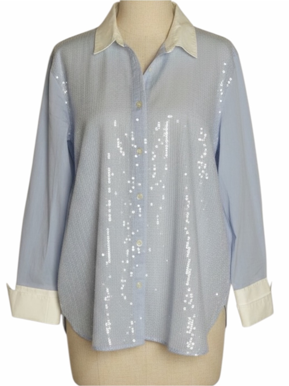 Loft Sequin Button Front Blouse Shirt Top Cuffed Blue White M NWT